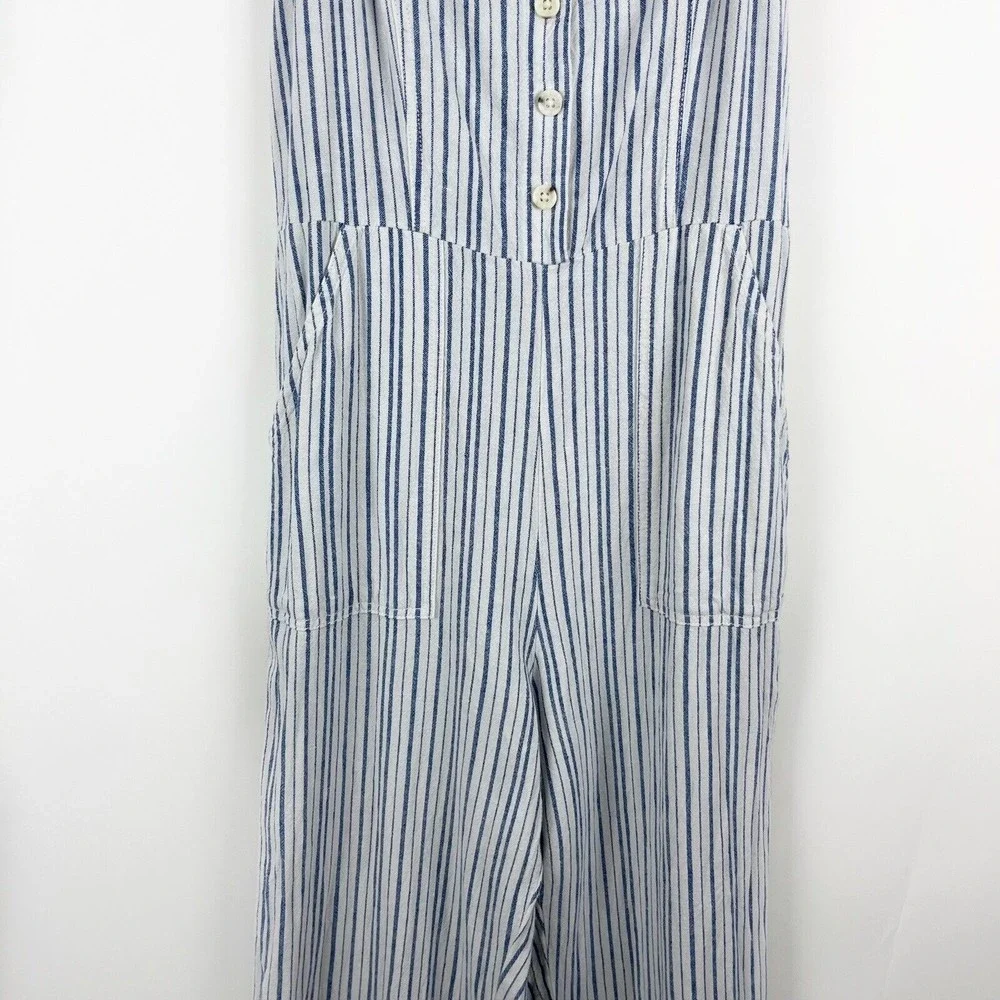 Old Navy Linen Cropped Jumpsuit Smocked Back Blue Stripe Boho Lagenlook - Picture 4 of 16